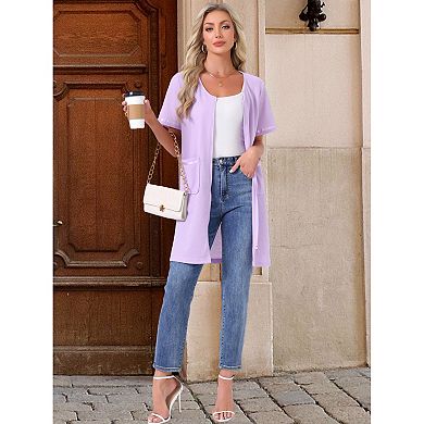 Women's Zipper Robe Front Open Knit Short Bathrobe Collarless House Coat with Pockets Soft Nightgown