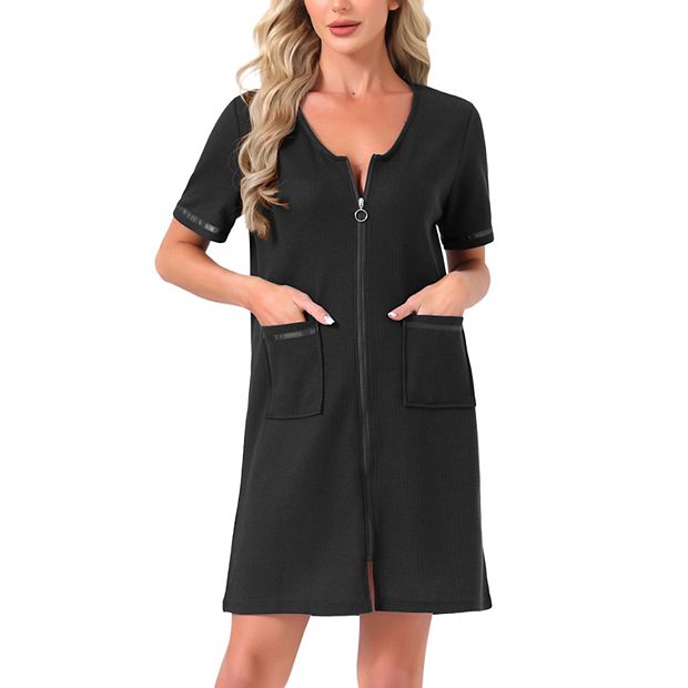 chinese dress ladies Zip Up Robes for Women Short Sleeve Zipper House Coat Short Bathrobes  Lightweight Ladies Nightgown with Pocket S-XXL(Small,Black) at Amazon  Women's Clothing store