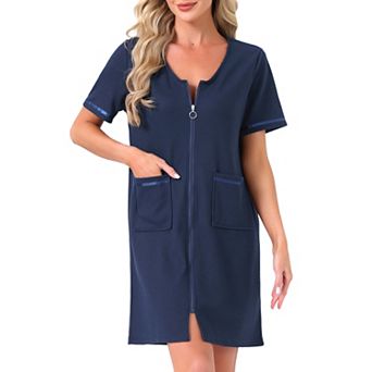 Women's Zipper Robe Front Open Knit Short Bathrobe Collarless House Coat with Pockets Soft Nightgown