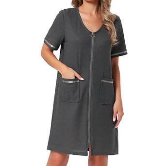 Women's Zipper Robe Front Open Knit Short Bathrobe Collarless House Coat with Pockets Soft Nightgown