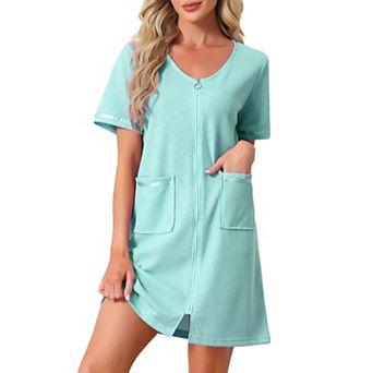 Women's Zipper Robe Front Open Knit Short Bathrobe Collarless House Coat with Pockets Soft Nightgown