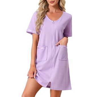 Women's Zipper Robe Front Open Knit Short Bathrobe Collarless House Coat with Pockets Soft Nightgown