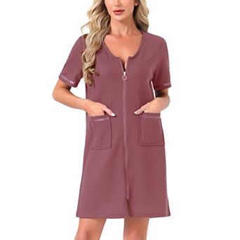 Women's Zipper Robe Front Open Knit Short Bathrobe Collarless House Coat with Pockets Soft Nightgown