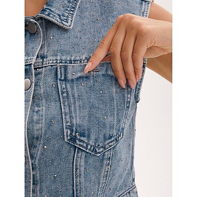 Women's Denim Vest Button Down Jacket Washed Rhinestones Sleeveless Jean Jacket