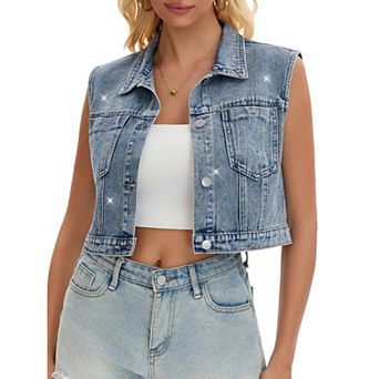 Women's Denim Vest Button Down Jacket Washed Rhinestones Sleeveless Jean Jacket
