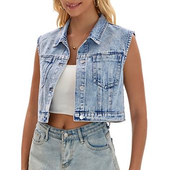 Women's Denim Vest Button Down Jacket Washed Rhinestones Sleeveless Jean Jacket