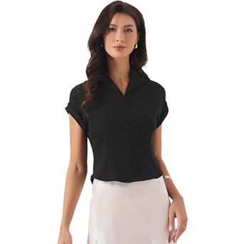 Dressy Top for Women's Lapel Collar Office Cap Sleeve Button Lightweight Work Blouse