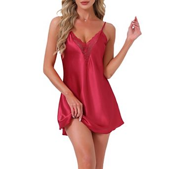 Women's Satin Nightgown Lace Trim Sleep Dress Silky See Through Chemise V Neck Lingure