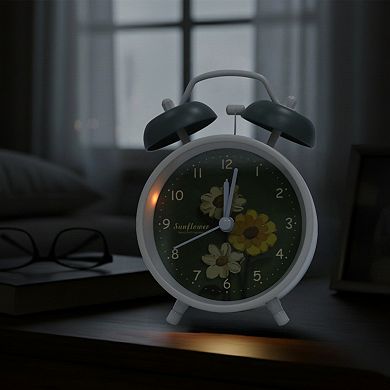 Metal Mechanical Alarm Clock, Loud Bell Ring, Elegant Floral Pattern for Bedroom 4.6"x2.2"x6.6"