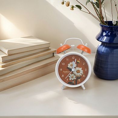 Metal Mechanical Alarm Clock, Loud Bell Ring, Elegant Floral Pattern for Bedroom 4.6"x2.2"x6.6"