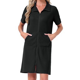 Women's Zipper Robes Waffle Short Sleeves Knee Length House Coat Sleepwear Bathrobe with Pockets