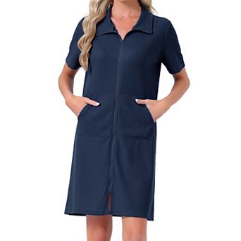 Women's Zipper Robes Waffle Short Sleeves Knee Length House Coat Sleepwear Bathrobe with Pockets