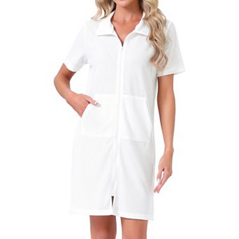 Women's Zipper Robes Waffle Short Sleeves Knee Length House Coat Sleepwear Bathrobe with Pockets