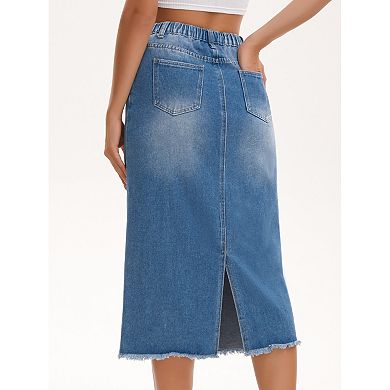 Women's Long Denim Skirt Elastic Waist Split Back Pockets Maxi Jean Skirts