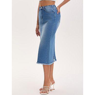 Women's Long Denim Skirt Elastic Waist Split Back Pockets Maxi Jean Skirts