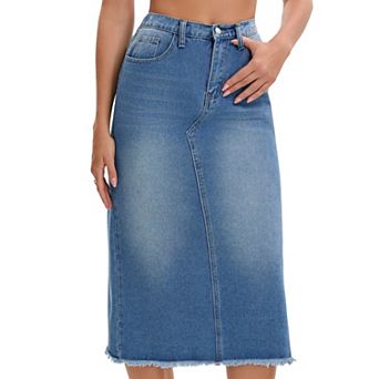 Women's Long Denim Skirt Elastic Waist Split Back Pockets Maxi Jean Skirts