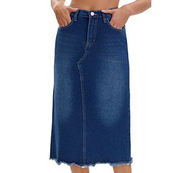 Women's Long Denim Skirt Elastic Waist Split Back Pockets Maxi Jean Skirts