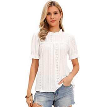 Boho Puffy Sleeve Tops for Women's Casual Ruffle Shirt Eyelet Embroidered Lace Blouse