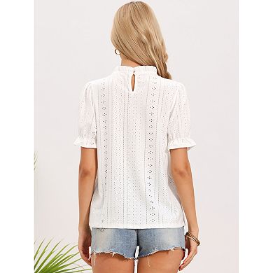 Boho Puffy Sleeve Tops for Women's Casual Ruffle Shirt Eyelet Embroidered Lace Blouse