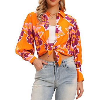 Button Down Floral Shirt for Women's Lantern Long Sleeve Point Collar Spring Summer Boho Blouse Top