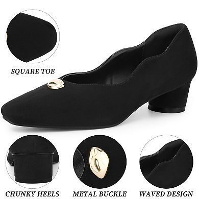 Women's Mental Buckle Chunky Heel Square Toe Slip on Pumps