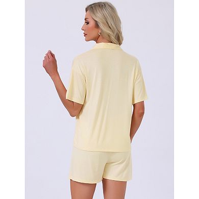 Women's Solid Pajama Set Short Sleeves Cute Soft Comfy Highly Elastic Button Up Top and Shorts 2 Pcs