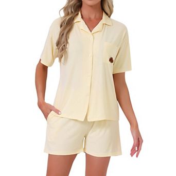 Women's Solid Pajama Set Short Sleeves Cute Soft Comfy Highly Elastic Button Up Top and Shorts 2 pc