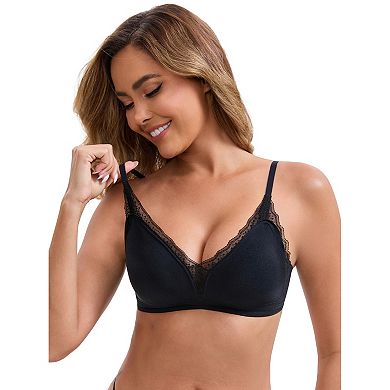 Women's Lace Trim Plunge Wireless Push Up Bras Spaghetti Straps Lightweight No Show Triangle Bra