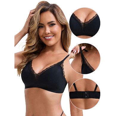 Women's Lace Trim Plunge Wireless Push Up Bras Spaghetti Straps Lightweight No Show Triangle Bra