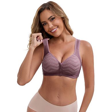 Women's Lace Front Closure Full Cup Wireless Bra V-Neck Wide Straps Soft Breathable Push Up Bras