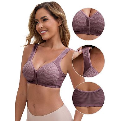 Women's Lace Front Closure Full Cup Wireless Bra V-Neck Wide Straps Soft Breathable Push Up Bras