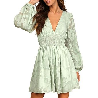 Women's Chiffon Hollow Out Brocade Dress V-Neck Long Sleeve Slim A-Line Casual Commute Wear