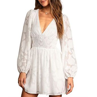 Women's Chiffon Hollow Out Brocade Dress V-Neck Long Sleeve Slim A-Line Casual Commute Wear