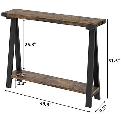 Farmhouse Console & Entryway Table w/Storage - 2-Tier Sofa Table w/Metal Frame