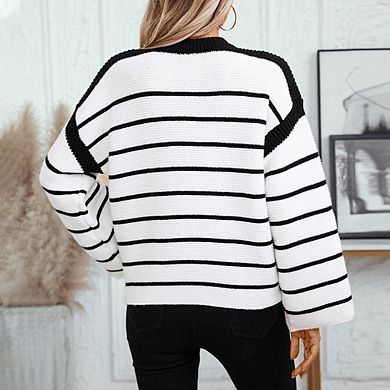 Women's Striped Crew Neck Loose Sweater Long Sleeve Pullover Knit Casual Daily Top
