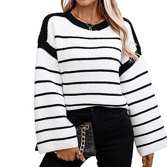Women's Striped Crew Neck Loose Sweater Long Sleeve Pullover Knit Casual Daily Top
