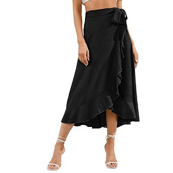 Women Classic Chiffon Skirt One-Piece Bow Tie Waist Asymmetrical Midi Skirt for Commute