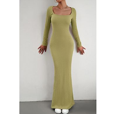 Women's Chic Slim Fit Knit Dress Square Neck Long Sleeve Commute Date Wear