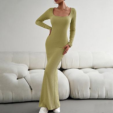 Women's Chic Slim Fit Knit Dress Square Neck Long Sleeve Commute Date Wear