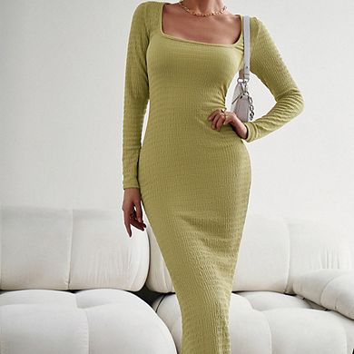 Women's Chic Slim Fit Knit Dress Square Neck Long Sleeve Commute Date Wear