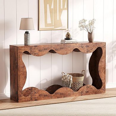 Farmhouse Console Table for Entryway, Slim Wood Scalloped Sofa Table Behind Couch w/Storage Shelf
