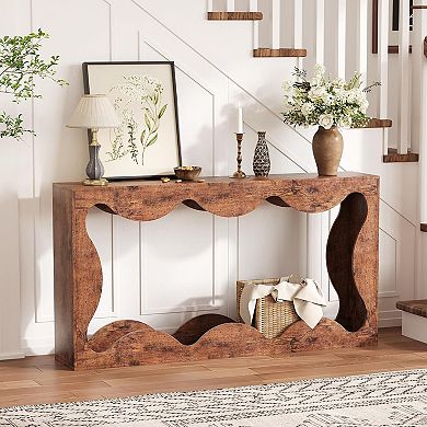 Farmhouse Console Table for Entryway, Slim Wood Scalloped Sofa Table Behind Couch w/Storage Shelf
