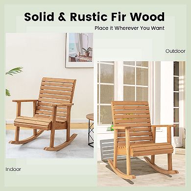 Outdoor Wooden Rocking Chair With High Backrest And Wide Armrests