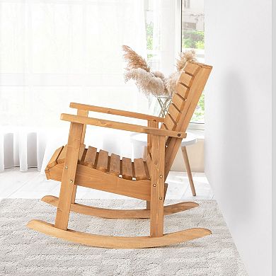 Outdoor Wooden Rocking Chair With High Backrest And Wide Armrests