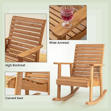 Outdoor Wooden Rocking Chair With High Backrest And Wide Armrests