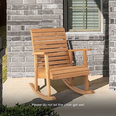 Outdoor Wooden Rocking Chair With High Backrest And Wide Armrests