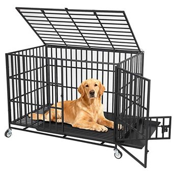Heavy Duty Dog Crate,Metal Escape Proof Dog Kennel Indoor w/3 Doors,Removable Tray,Dog Cage w/Wheels