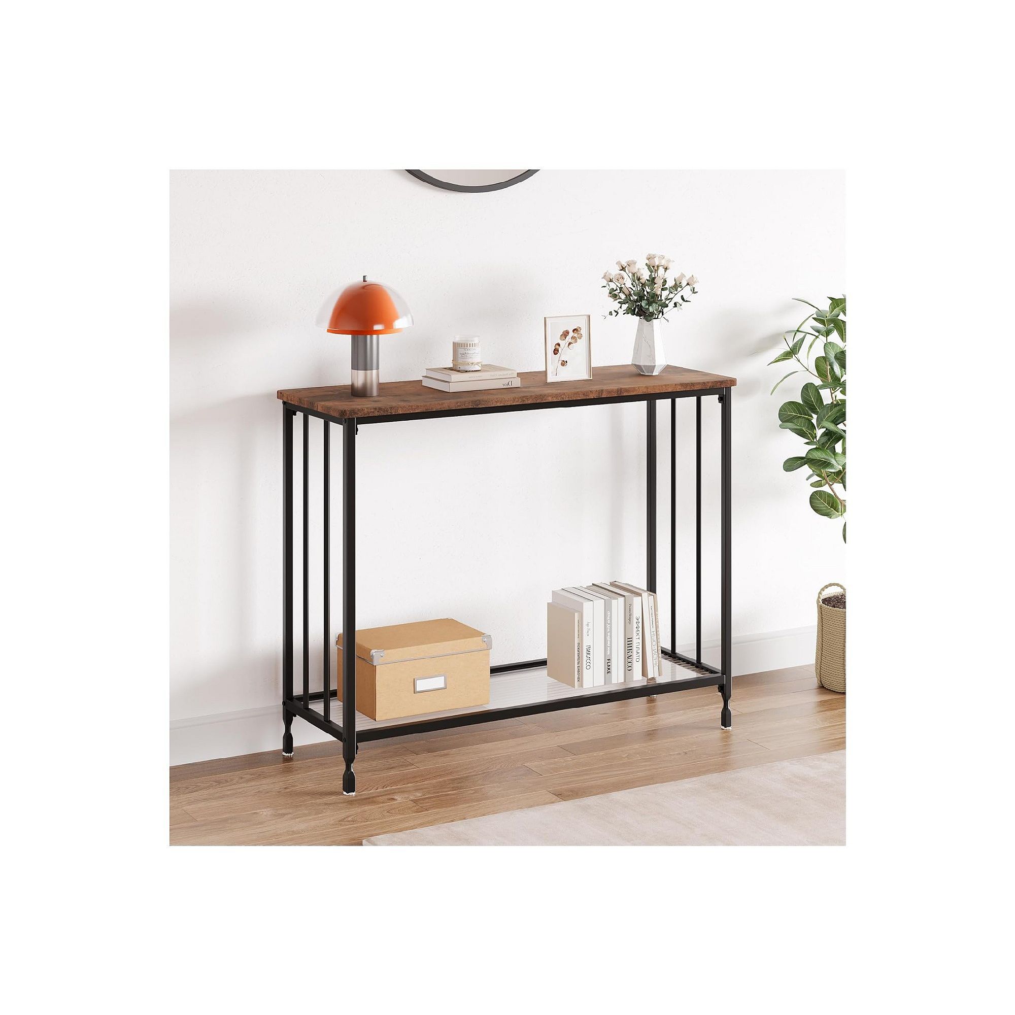 2-tier farmhouse console table with rustic top and black metal slatted sides