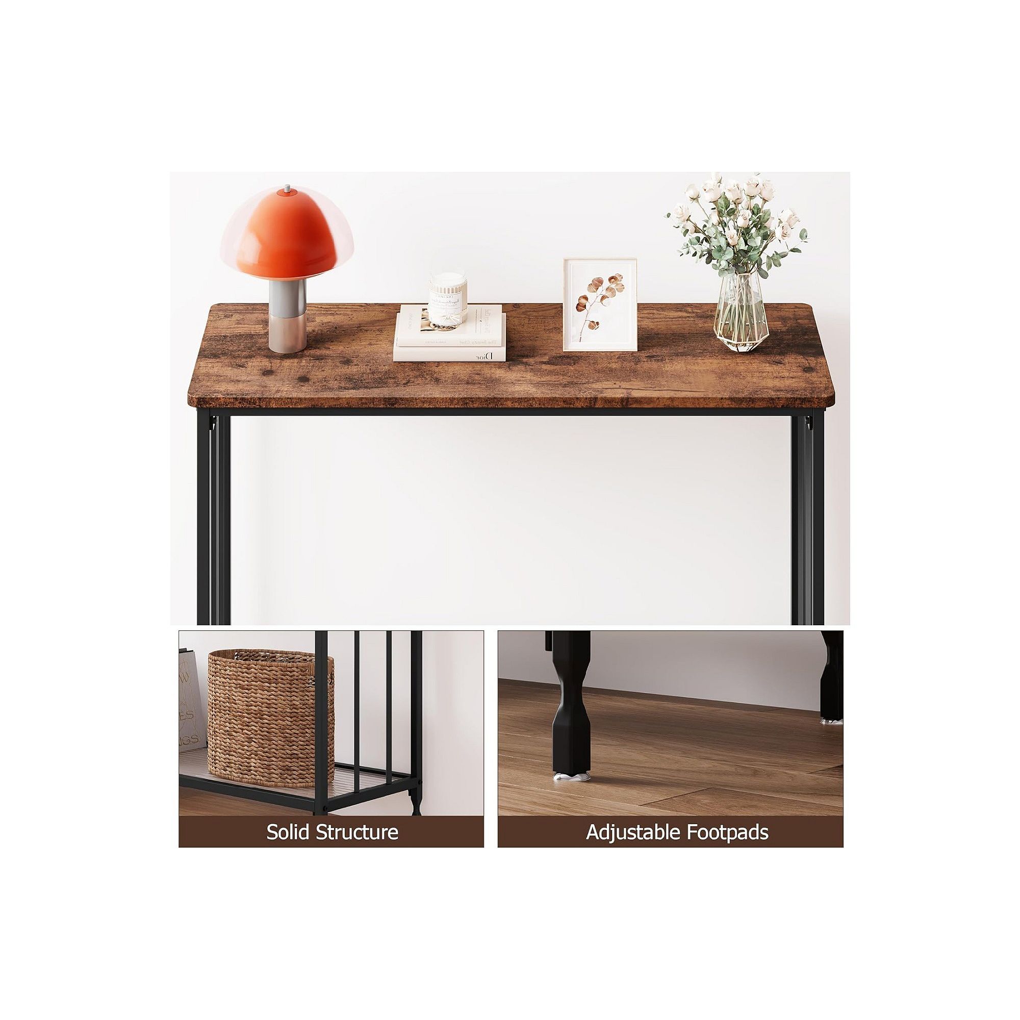 Console table features: solid structure and adjustable footpads