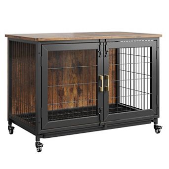 37.5" Wooden Dog Crate Furniture w/Wheels, Heavy Duty Steel Frame& Removable Tray, Rustic End Table